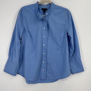 J. Crew Womens 10 Blue Ruffled Front Cotton Button Up Blouse Shirt Top